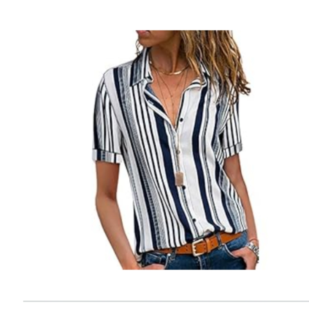 Hotapei button down short sleeve shirt. Navy Blue and White vertical stripes. SM